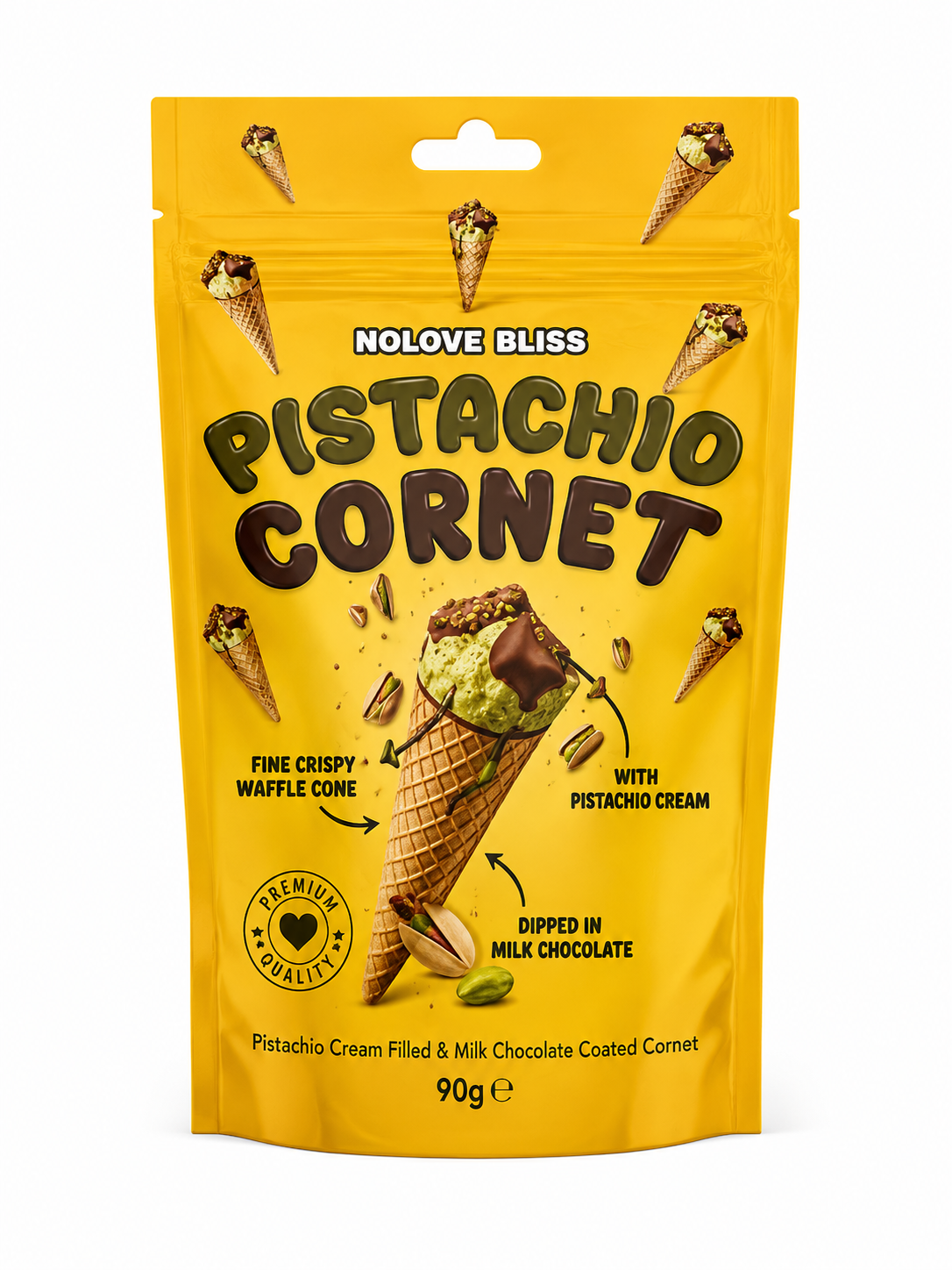 NOLOVE Bliss Pistachio Cornet Pistachio Kunafa Cream Filled & Crispy Coated Cone (24x100g)