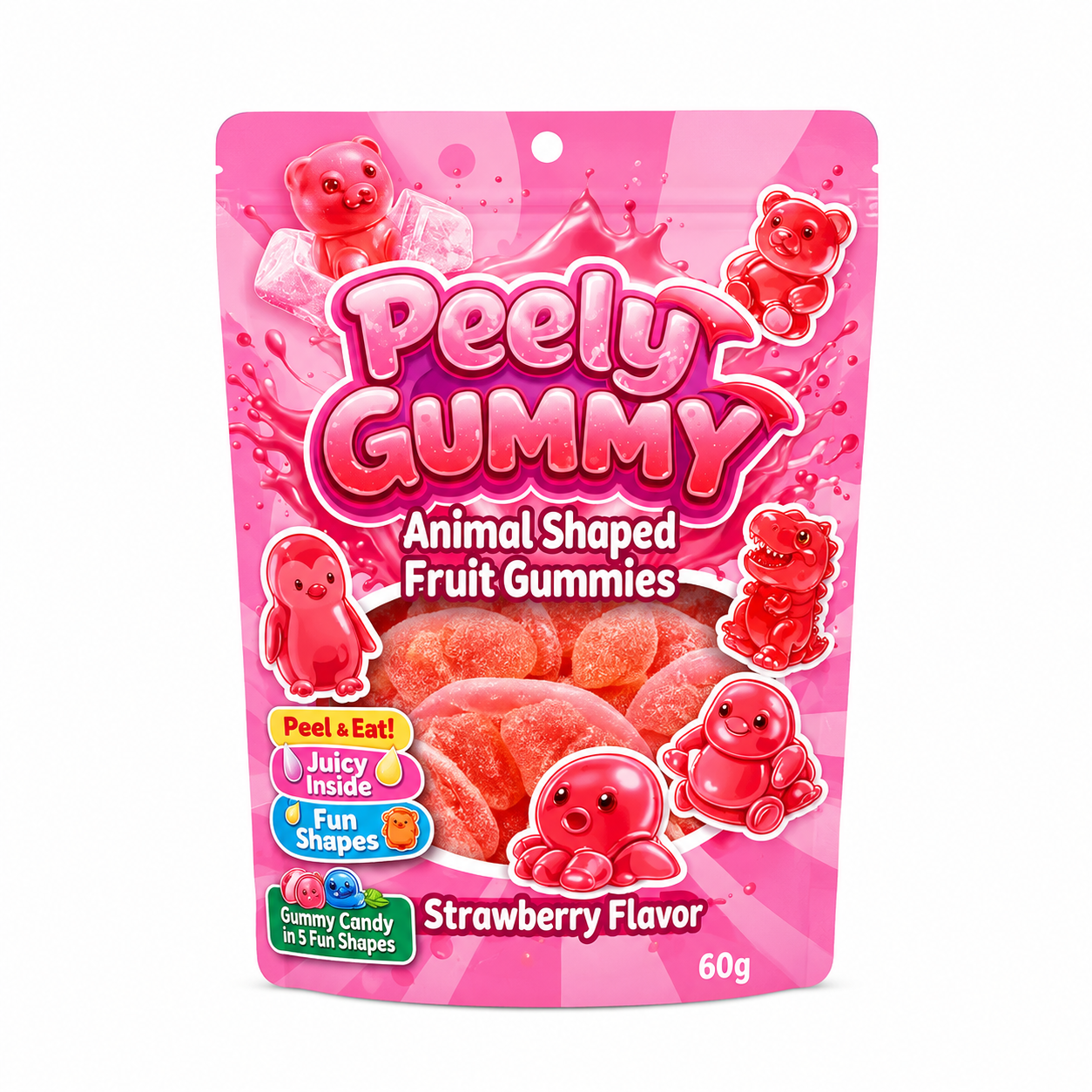 Peely Gummy Strawberry Animal Shaped (36x60g)