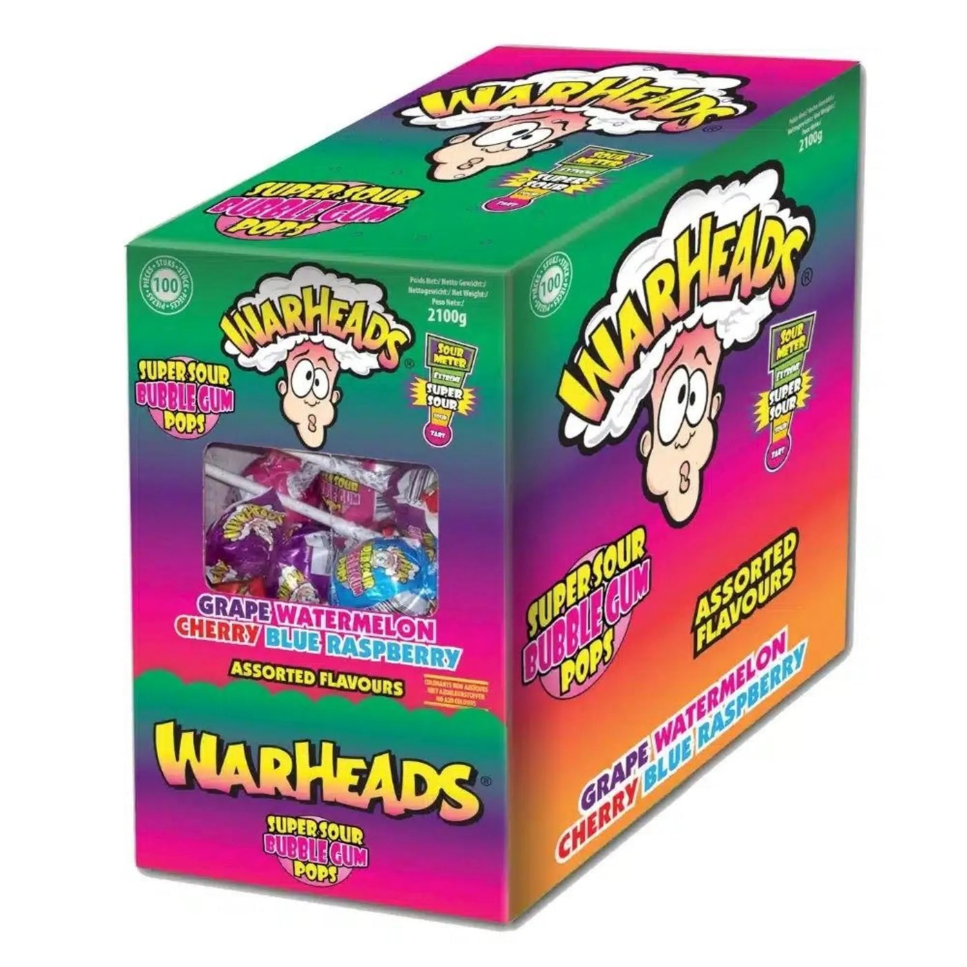 Warheads Bubble Gum Pops Assorted Display (5x100x15g)