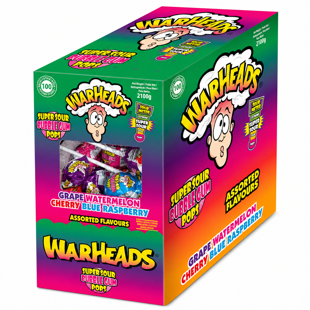 Warheads Bubble Gum Pops Assorted Display (100x15g)