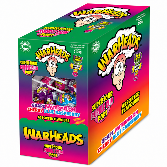 Warheads Bubble Gum Pops Assorted Display (100x15g)