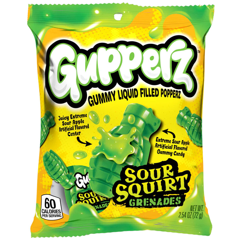 Gupperz Sour Squirt Grenades 72 g – gefüllte extrem saure Apfel-Gummibonbons in Granatenform.