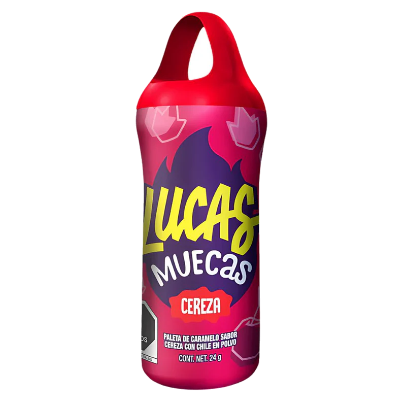 Lucas Muecas Cherry 24 g – mexikanischer Kirschen-Lutscher mit Chili-Pulver, ideal für Kioske, Automaten und den internationalen Süßwarengroßhandel